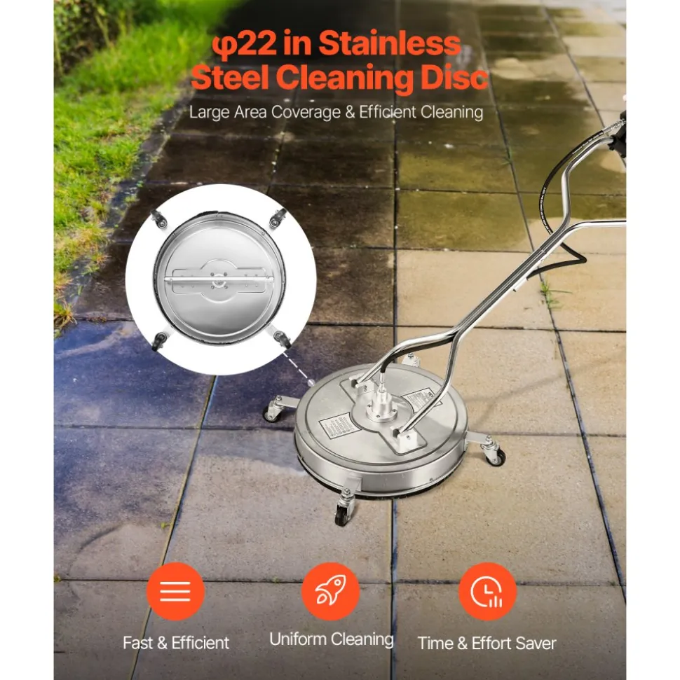 VEVOR 18" Pressure Washer Surface Cleaner, Stainless Steel Pressure Washer Attachments with 4 Wheels, 4000 Max PSI, 1/4 Quick Connector, 2 Spray Nozzles, 2 Extended Wands for Concrete, Patio, Deck