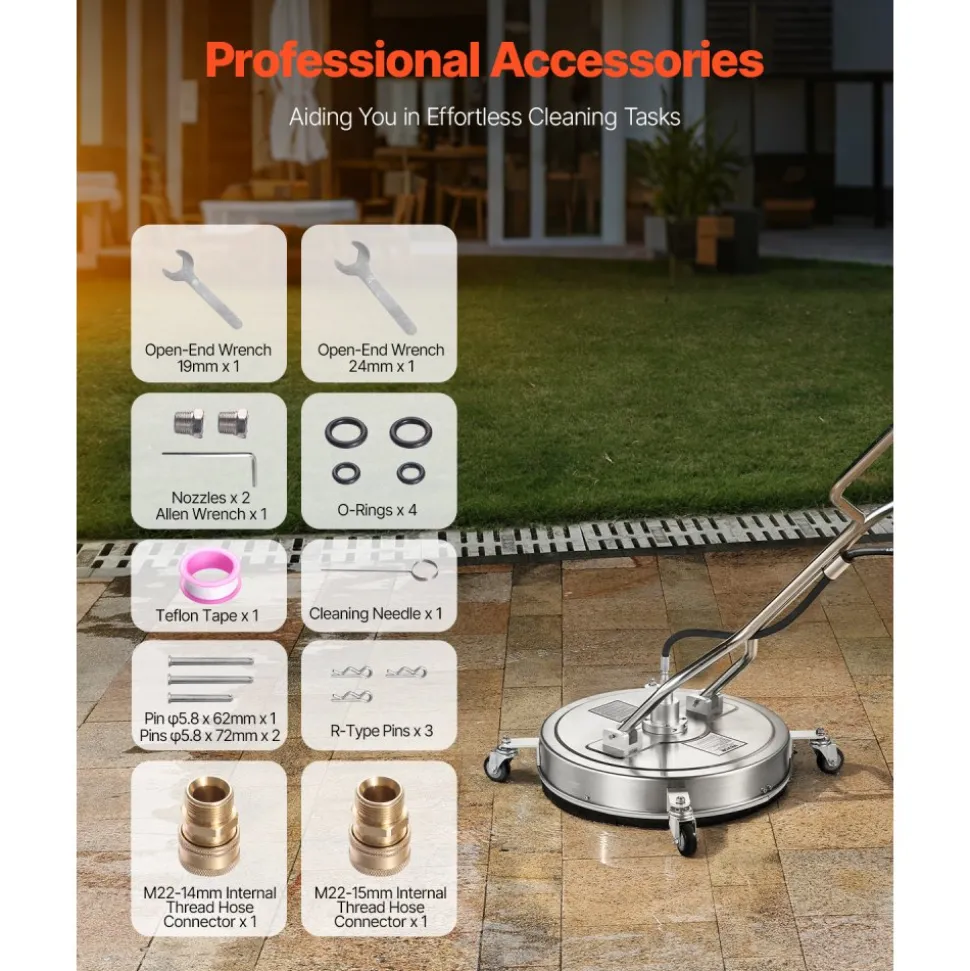 VEVOR 18" Pressure Washer Surface Cleaner, Stainless Steel Pressure Washer Attachments with 4 Wheels, 4000 Max PSI, 1/4 Quick Connector, 2 Spray Nozzles, 2 Extended Wands for Concrete, Patio, Deck