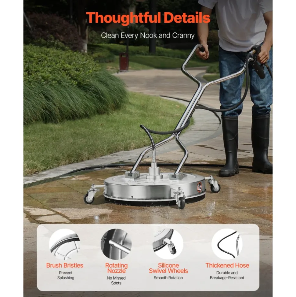 VEVOR 20" Pressure Washer Surface Cleaner, Stainless Steel Pressure Washer Attachments with 4 Wheels, 4000 Max PSI, 3/8 Quick Connector, 2 Spray Nozzles, Dual Handle, for Concrete, Patio, Sidewalk
