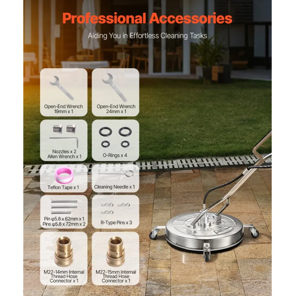 VEVOR 20" Pressure Washer Surface Cleaner, Stainless Steel Pressure Washer Attachments with 4 Wheels, 4000 Max PSI, 3/8 Quick Connector, 2 Spray Nozzles, Dual Handle, for Concrete, Patio, Sidewalk