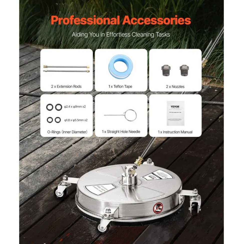 VEVOR 15" Pressure Washer Surface Cleaner, Stainless Steel Pressure Washer Attachments with 4 Wheels, 4000 Max PSI, 1/4 Quick Connector, 2 Spray Nozzles, 2 Extended Wands for Concrete, Patio, Deck