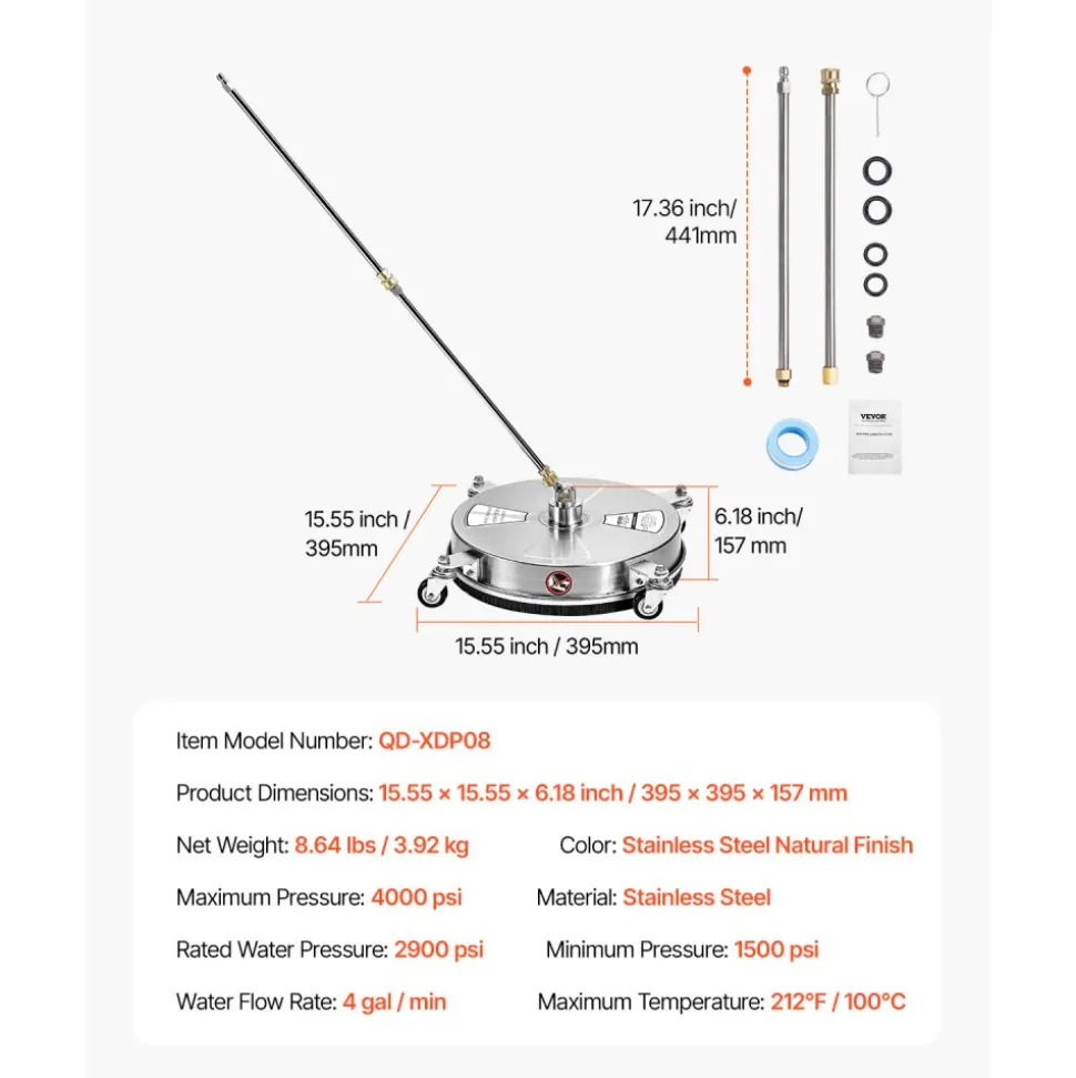VEVOR 15" Pressure Washer Surface Cleaner, Stainless Steel Pressure Washer Attachments with 4 Wheels, 4000 Max PSI, 1/4 Quick Connector, 2 Spray Nozzles, 2 Extended Wands for Concrete, Patio, Deck