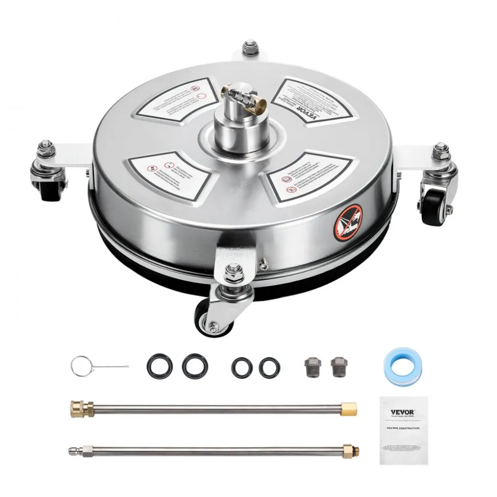 VEVOR 14" Pressure Washer Surface Cleaner, Stainless Steel Pressure Washer Attachments with 4 Wheels, 4000 Max PSI, 1/4 Quick Connector, 2 Spray Nozzles, 2 Extended Wands for Concrete, Patio, Deck