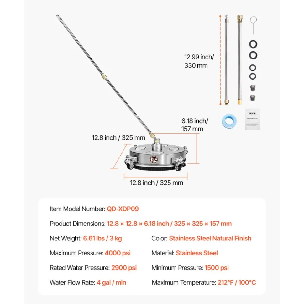 VEVOR 14" Pressure Washer Surface Cleaner, Stainless Steel Pressure Washer Attachments with 4 Wheels, 4000 Max PSI, 1/4 Quick Connector, 2 Spray Nozzles, 2 Extended Wands for Concrete, Patio, Deck