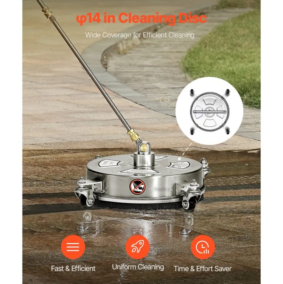 VEVOR 14" Pressure Washer Surface Cleaner, Stainless Steel Pressure Washer Attachments with 4 Wheels, 4000 Max PSI, 1/4 Quick Connector, 2 Spray Nozzles, 2 Extended Wands for Concrete, Patio, Deck