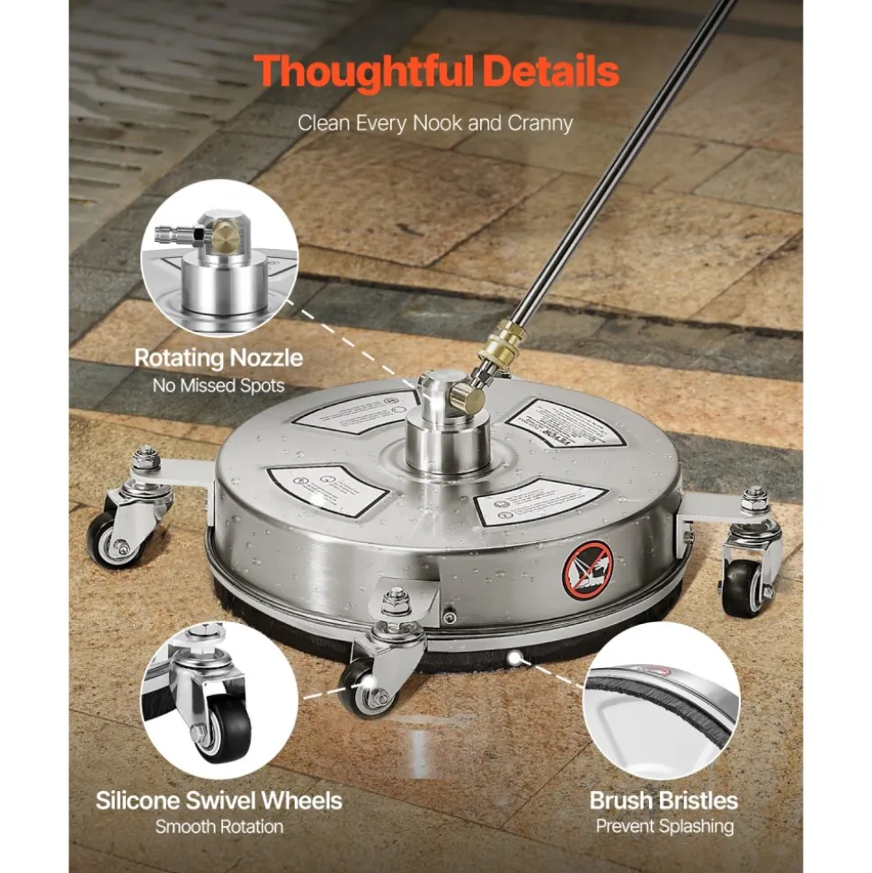 VEVOR 14" Pressure Washer Surface Cleaner, Stainless Steel Pressure Washer Attachments with 4 Wheels, 4000 Max PSI, 1/4 Quick Connector, 2 Spray Nozzles, 2 Extended Wands for Concrete, Patio, Deck