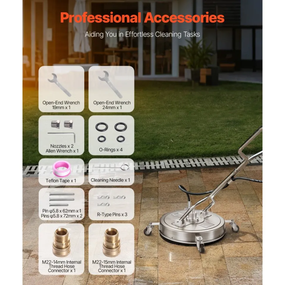 VEVOR 21" Pressure Washer Surface Cleaner, Stainless Steel Pressure Washer Attachments with 4 Wheels, 4500 Max PSI, 3/8 Quick Connector, 2 Spray Nozzles, Dual Handle, for Concrete, Patio, Sidewalk