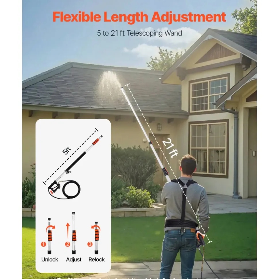 VEVOR Pressure Washer Telescoping Wand, 24 ft, 4000 psi, Telescopic Spray Wand with Power Washer Extension Wands, Gutter Cleaner, Brush Head, Pivoting Coupler, 7 Spray Nozzles and Support Harness