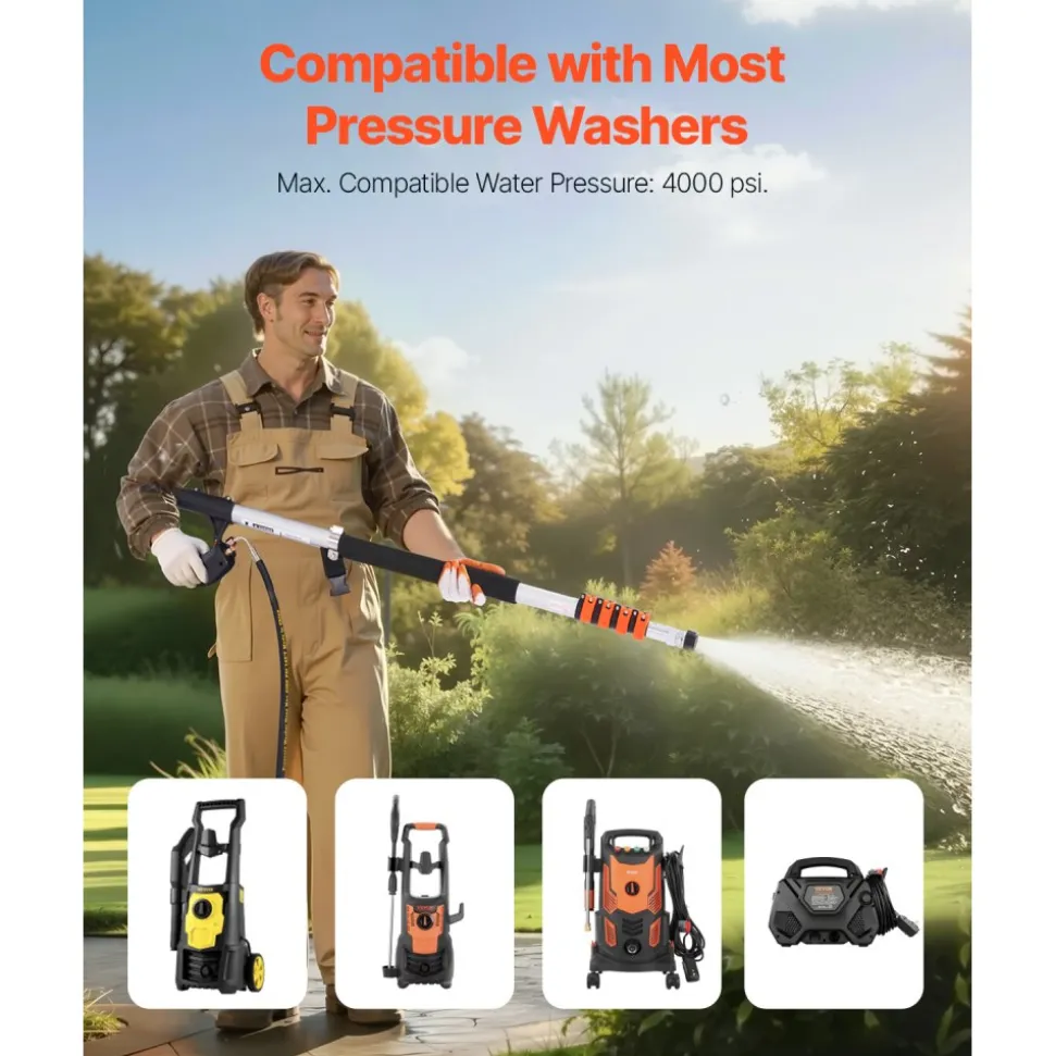 VEVOR Pressure Washer Telescoping Wand, 24 ft, 4000 psi, Telescopic Spray Wand with Power Washer Extension Wands, Gutter Cleaner, Brush Head, Pivoting Coupler, 7 Spray Nozzles and Support Harness