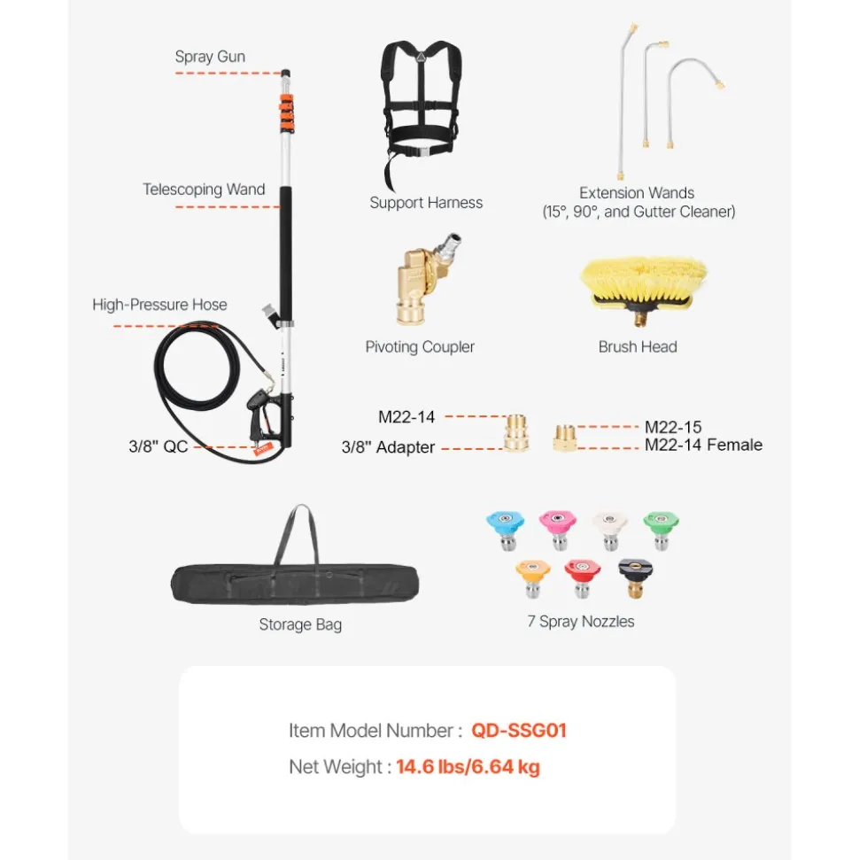 VEVOR Pressure Washer Telescoping Wand, 24 ft, 4000 psi, Telescopic Spray Wand with Power Washer Extension Wands, Gutter Cleaner, Brush Head, Pivoting Coupler, 7 Spray Nozzles and Support Harness