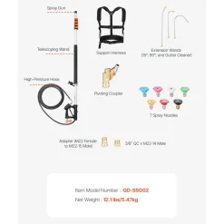 VEVOR Pressure Washer Telescoping Wand, 24 ft, 4000 psi, Telescopic Spray Wand with Power Washer Extension Wands, Gutter Cleaner, Pivoting Coupler, 7 Spray Nozzle Tips and Adjustable Support Harness