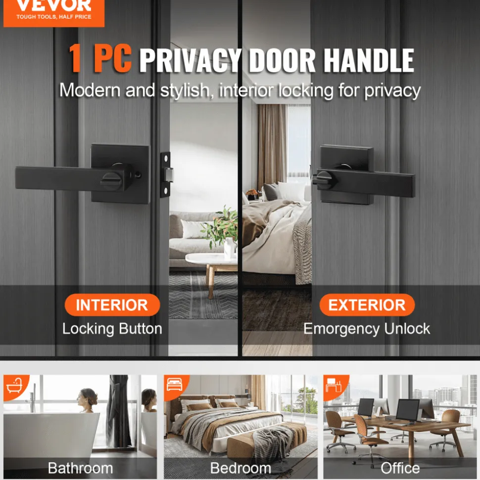 VEVOR Privacy Door Handle, 10 Pack Matte Black Door Lever, Left or Right Handing Reversible Lever with Keyless Lock, 45° Rotation to Open, Universal Square Interior for Bedroom and Bathroom Doors