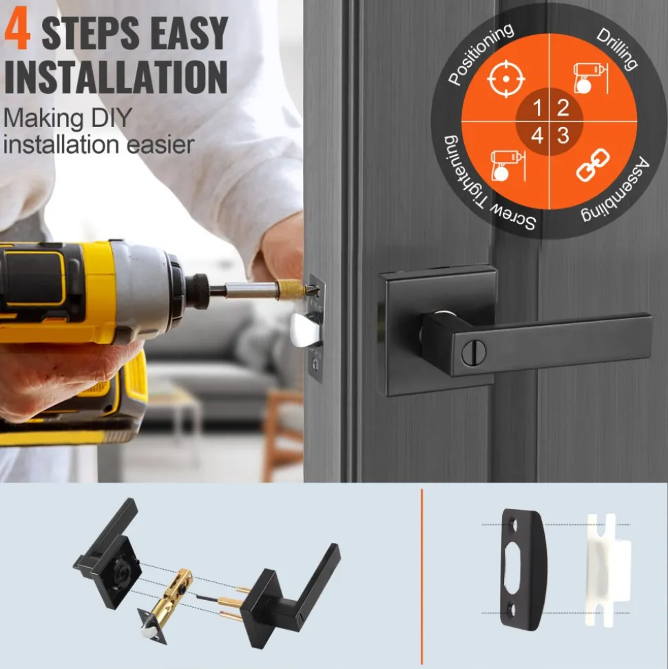 VEVOR Privacy Door Handle, 1 Pack Matte Black Door Lever, Left or Right Handing Reversible Lever with Keyless Lock, 45° Rotation to Open, Universal Square Interior for Bedroom and Bathroom Doors