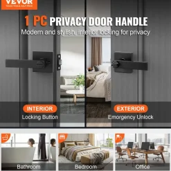 VEVOR Privacy Door Handle, 1 Pack Matte Black Door Lever, Left or Right Handing Reversible Lever with Keyless Lock, 45° Rotation to Open, Universal Square Interior for Bedroom and Bathroom Doors