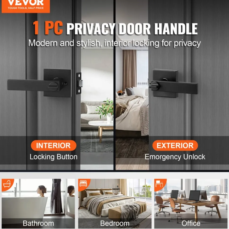 VEVOR Privacy Door Handle, 1 Pack Matte Black Door Lever, Left or Right Handing Reversible Lever with Keyless Lock, 45° Rotation to Open, Universal Square Interior for Bedroom and Bathroom Doors