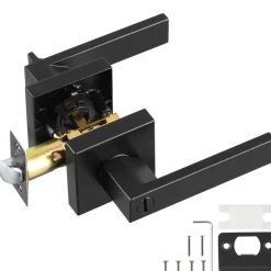 VEVOR Privacy Door Handle, 1 Pack Matte Black Door Lever, Left or Right Handing Reversible Lever with Keyless Lock, 45° Rotation to Open, Universal Square Interior for Bedroom and Bathroom Doors