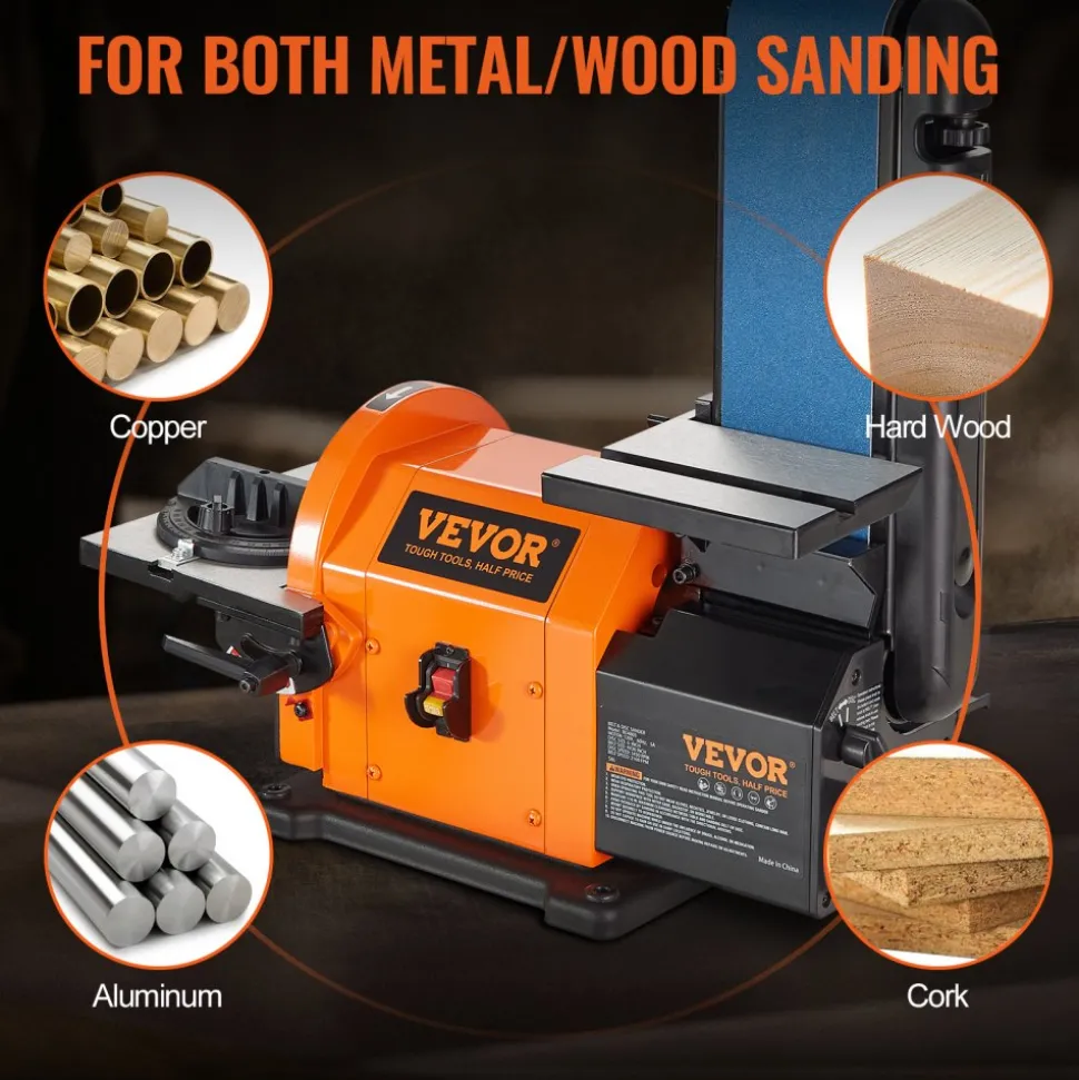 VEVOR Professional Belt Sander, 6" Disc Sander and 4 x 36 in. Belt Sander with 5A Induction Motor Cast Aluminum Worktable for Woodworking, Metalworking