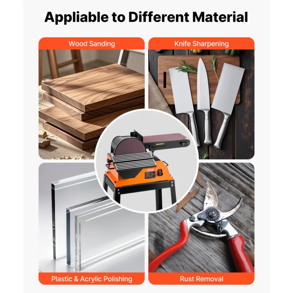 VEVOR Professional Belt Sander with Stand, 9" Disc & 6" x 48" Belt Sander Combo, 800W Sanding Machine with 0 - 45° Adjustable Worktable for Woodworking, Furniture Refinishing, Knife Sharpening