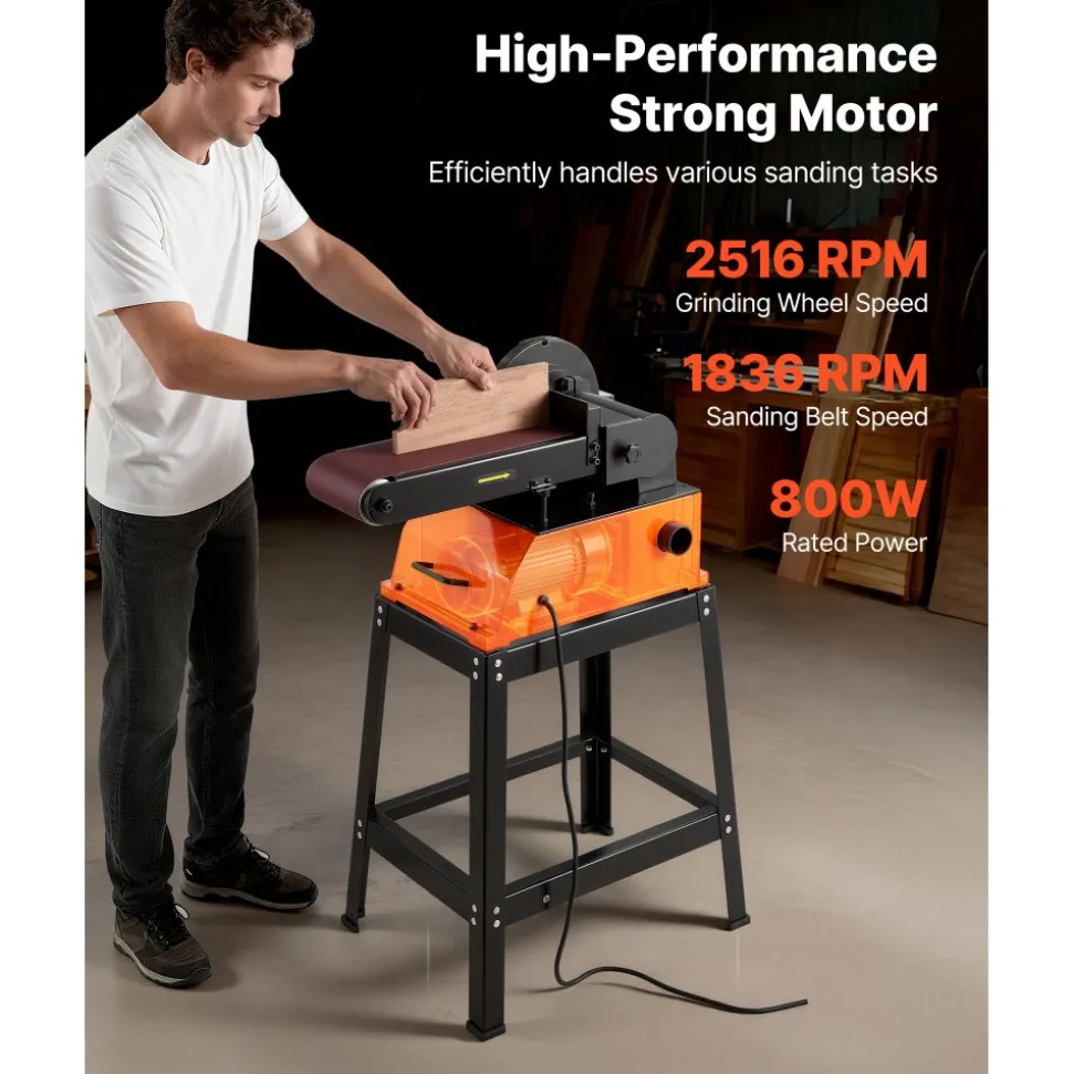 VEVOR Professional Belt Sander with Stand, 9" Disc & 6" x 48" Belt Sander Combo, 800W Sanding Machine with 0 - 45° Adjustable Worktable for Woodworking, Furniture Refinishing, Knife Sharpening