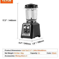 VEVOR Professional Blender, Commercial Countertop Blenders, 68 oz Plastic Jar Blender Combo, Stainless Steel 3 Functions Blender, for Frozen Drinks, Shakes, Smoothies, Peree, and Crush Ice, Black