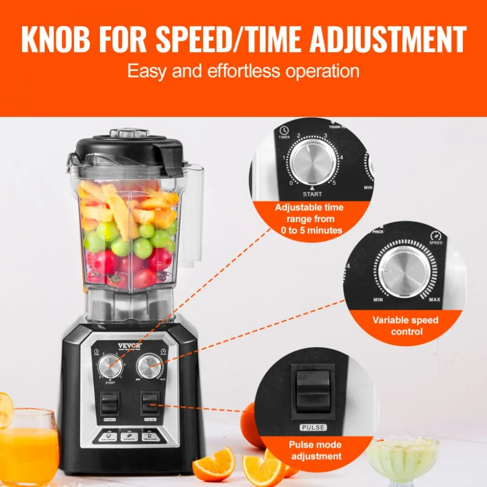 VEVOR Professional Blender, Commercial Countertop Blenders, 68 oz Plastic Jar Blender Combo, Stainless Steel 3 Functions Blender, for Frozen Drinks, Shakes, Smoothies, Peree, and Crush Ice, Black