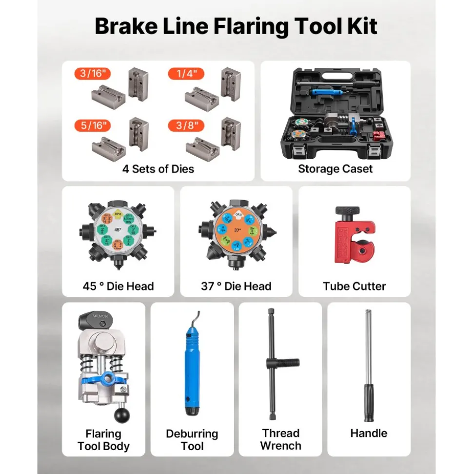 VEVOR Professional Brake Line Flaring Tool, 45 & 37 Degree Double Flare Bubble Flare Tool Kit for 3/16", 1/4", 5/16", 3/8" Copper Aluminum Thin Steel Tubes