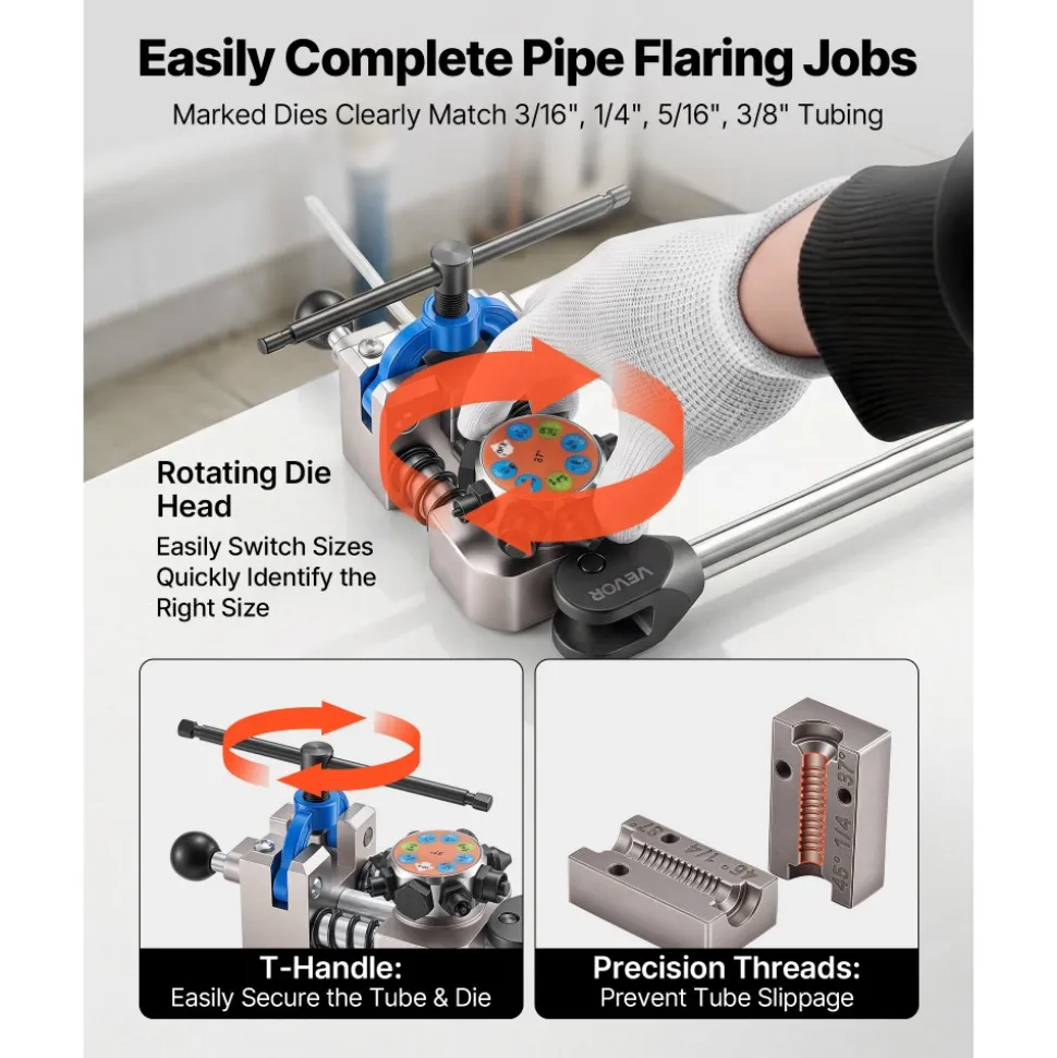 VEVOR Professional Brake Line Flaring Tool, 45 & 37 Degree Double Flare Bubble Flare Tool Kit for 3/16", 1/4", 5/16", 3/8" Copper Aluminum Thin Steel Tubes