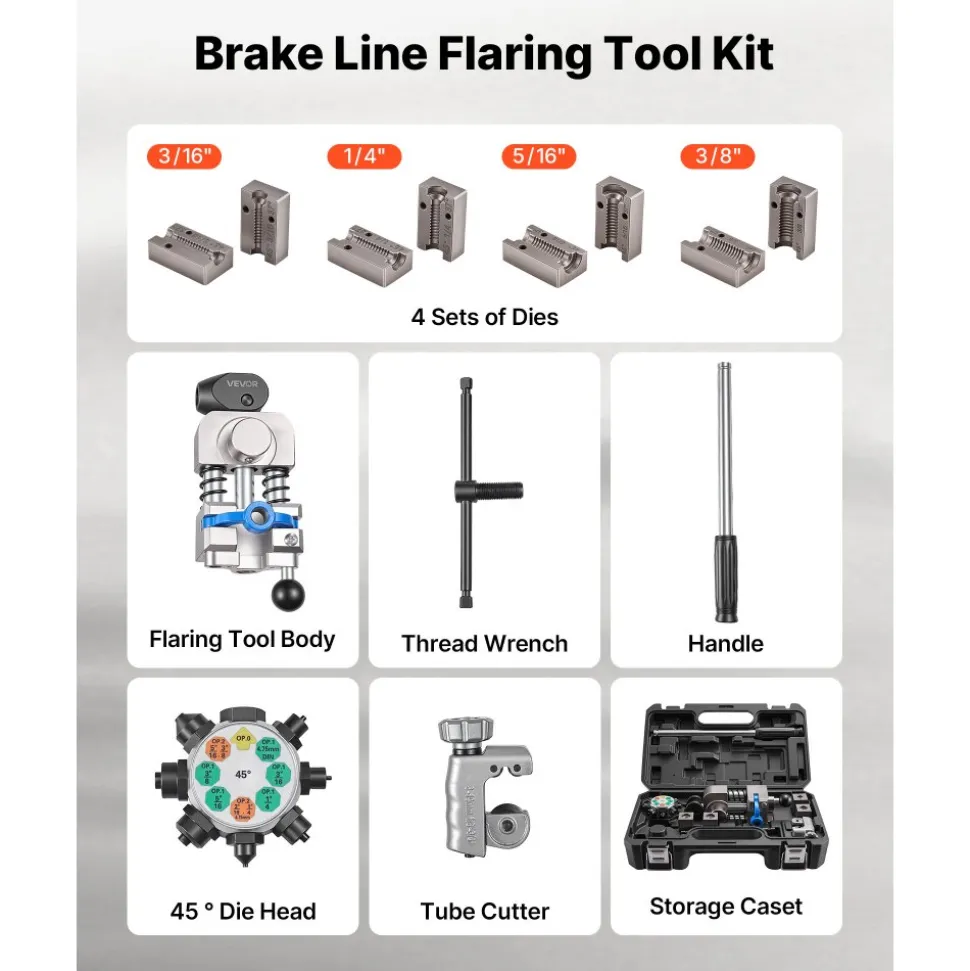 VEVOR Professional Brake Line Flaring Tool, 45 Degree Double Flare Bubble Flare Tool Kit for 3/16", 1/4", 5/16", 3/8" Copper Aluminum Thin Steel Tubes