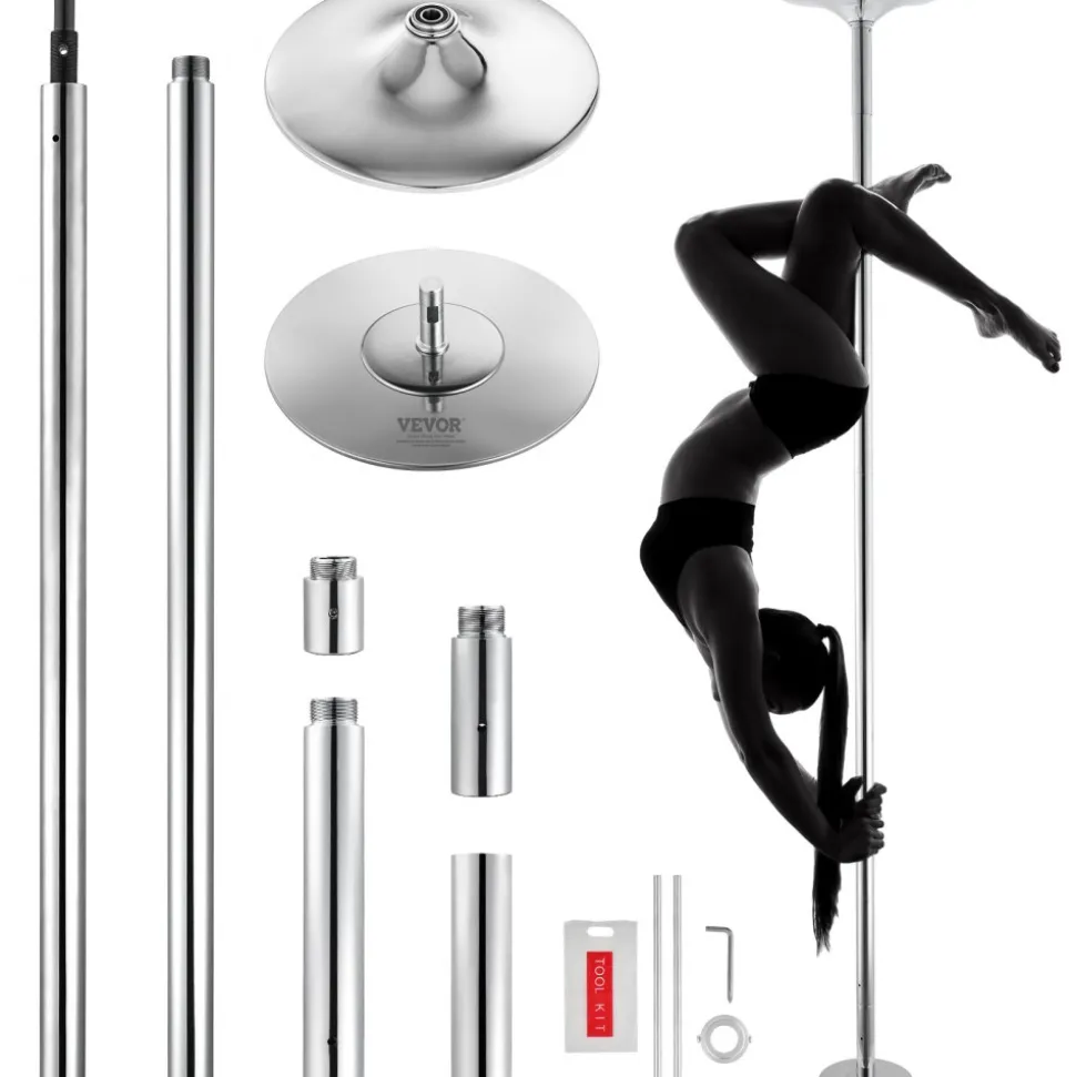 VEVOR Professional Dancing Pole, Spinning Static Dancing Pole Kit, Portable Removable Pole, 45mm Heavy-Duty Stainless Steel Pole, Height Adjustable Fitness Pole, for Exercise Home Club Gym, Silver