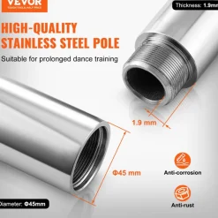 VEVOR Professional Dancing Pole, Spinning Static Dancing Pole Kit, Portable Removable Pole, 45mm Heavy-Duty Stainless Steel Pole, Height Adjustable Fitness Pole, for Exercise Home Club Gym, Silver