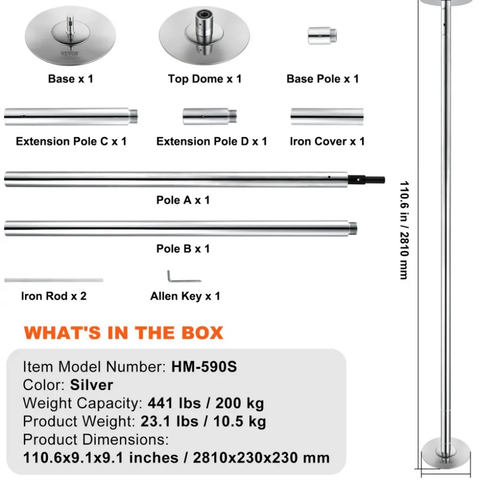 VEVOR Professional Dancing Pole, Spinning Static Dancing Pole Kit, Portable Removable Pole, 45mm Heavy-Duty Stainless Steel Pole, Height Adjustable Fitness Pole, for Exercise Home Club Gym, Silver