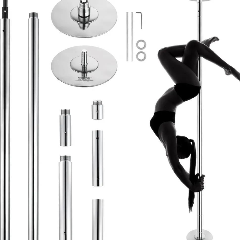 VEVOR Professional Dancing Pole, Spinning Static Dancing Pole Kit, Portable Removable Pole, 45mm Heavy-Duty Stainless Steel Pole, Height Adjustable Fitness Pole, for Exercise Home Club Gym, Silver