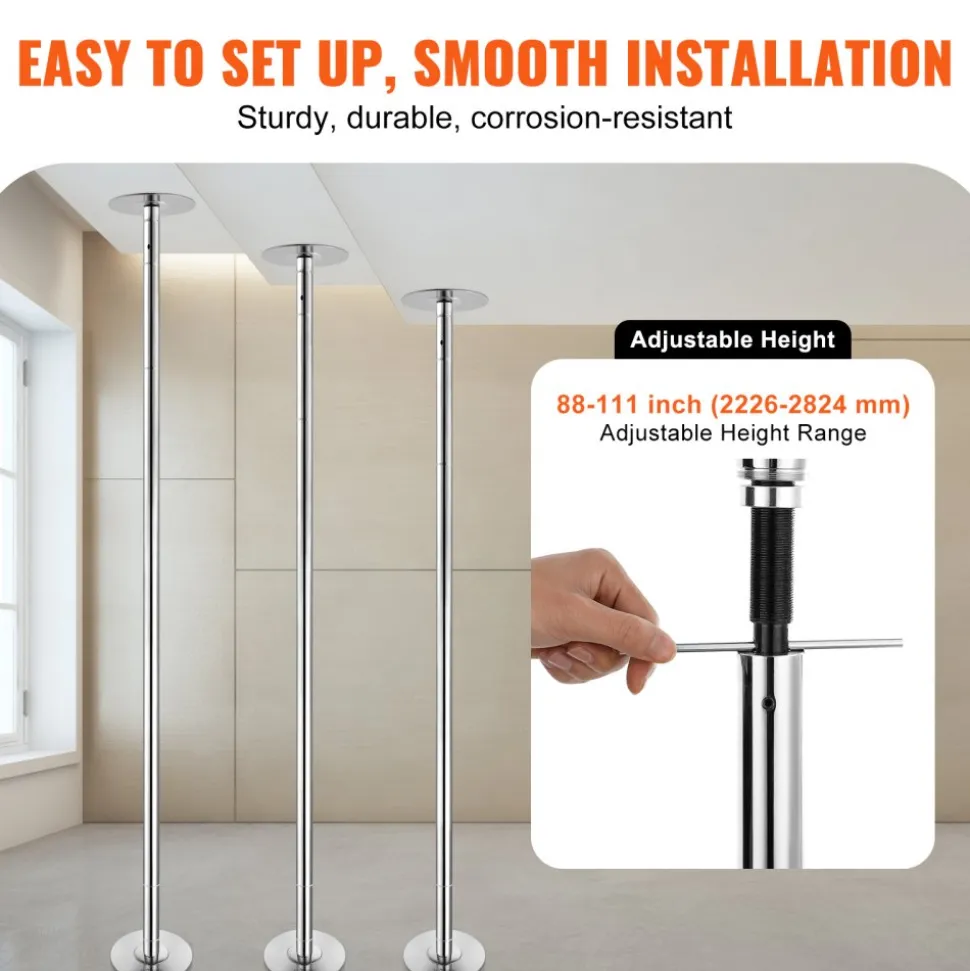 VEVOR Professional Dancing Pole, Spinning Static Dancing Pole Kit, Portable Removable Pole, 45mm Heavy-Duty Stainless Steel Pole, Height Adjustable Fitness Pole, for Exercise Home Club Gym, Silver