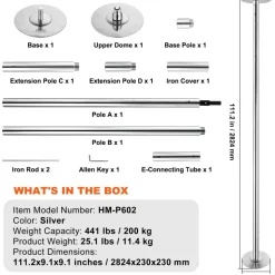 VEVOR Professional Dancing Pole, Spinning Static Dancing Pole Kit, Portable Removable Pole, 45mm Heavy-Duty Stainless Steel Pole, Height Adjustable Fitness Pole, for Exercise Home Club Gym, Silver