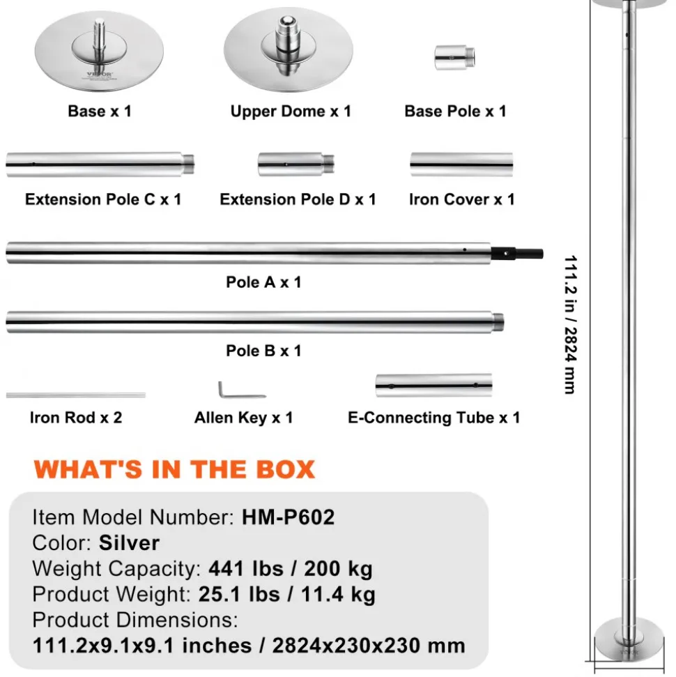 VEVOR Professional Dancing Pole, Spinning Static Dancing Pole Kit, Portable Removable Pole, 45mm Heavy-Duty Stainless Steel Pole, Height Adjustable Fitness Pole, for Exercise Home Club Gym, Silver