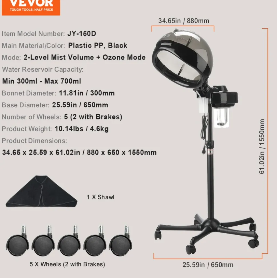 VEVOR Professional Hair Steamer for Deep Conditioning, 11.81-inch Hooded Ionic Hair Steamer with 2 Modes, Height-Adjustable Standing Hair Steamer with Timer, 5 Wheels (2 Lockable) for Salon Home Spa