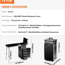 VEVOR Professional Makeup Train Case Aluminum Cosmetic Case, Workbench With Supporting Legs, Rolling Makeup Case Extra Large Trolley Makeup Travel Organizer, with 360° Swivel Wheels, Black
