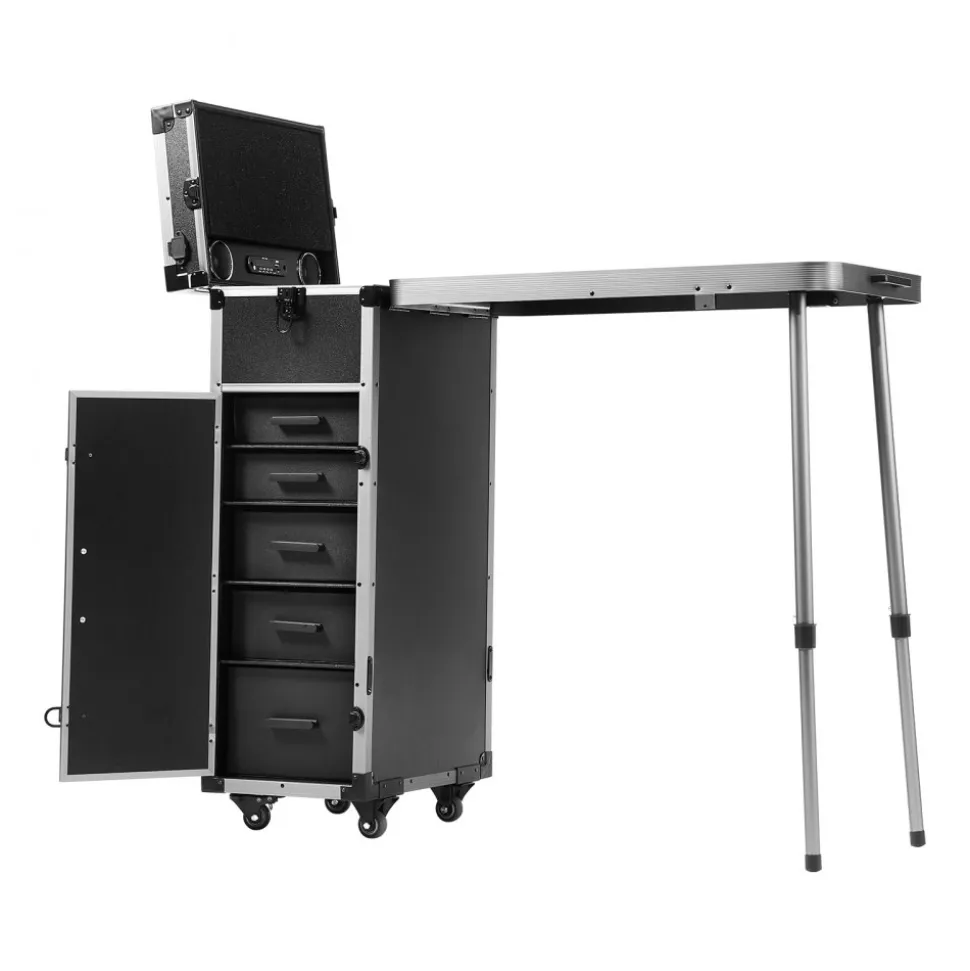 VEVOR Professional Makeup Train Case Aluminum Cosmetic Case, Workbench With Supporting Legs, Rolling Makeup Case Extra Large Trolley Makeup Travel Organizer, with 360° Swivel Wheels, Black