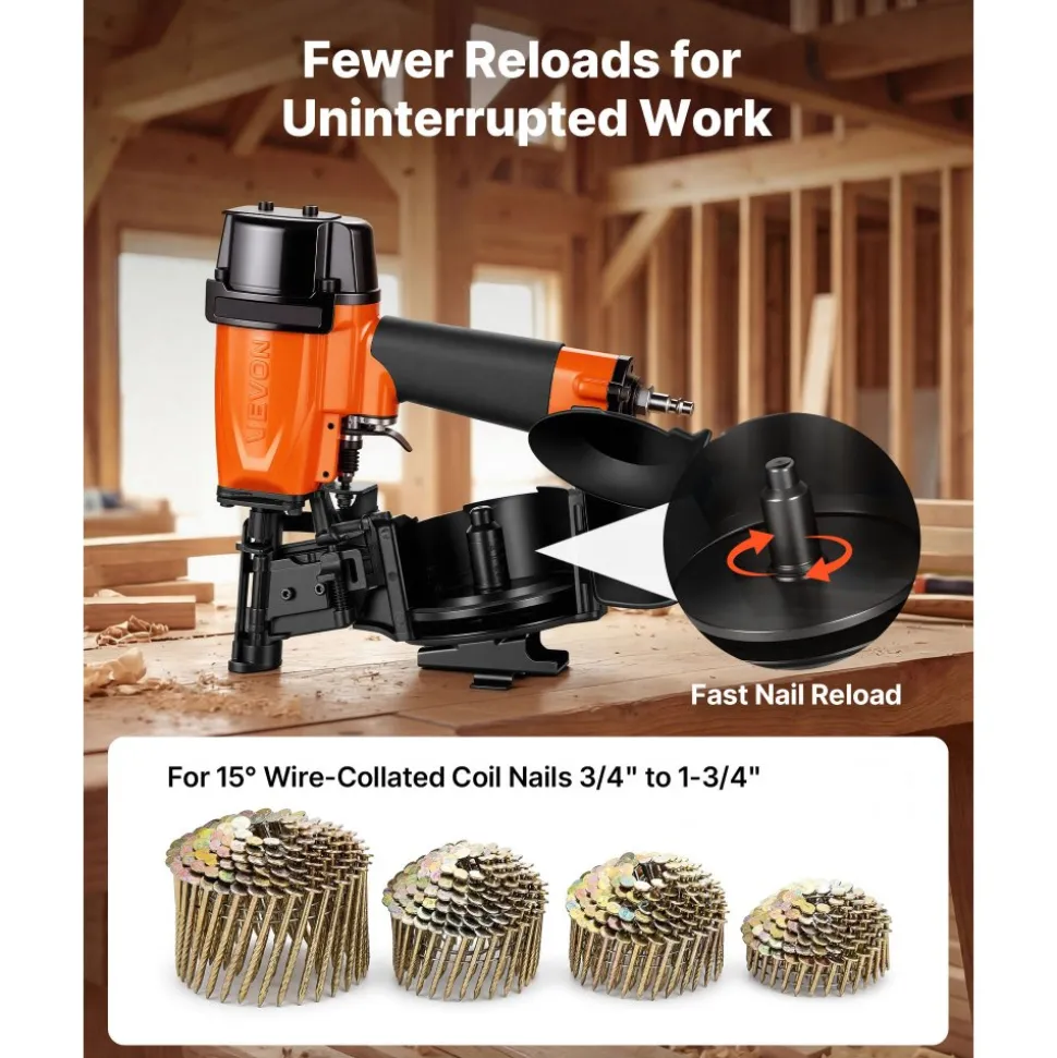 VEVOR Professional Roofing Nailer CN45N, 3/4" to 1-3/4" 15 Degree Air Roofing Nail Gun, 4–5 Nails/S Ultra-Fast Nailing, 70-110 PSI Pneumatic Coil Nailer for Asphalt Shingles, Roof Sheathing