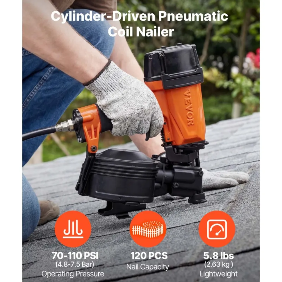 VEVOR Professional Roofing Nailer CN45N, 3/4" to 1-3/4" 15 Degree Air Roofing Nail Gun, 4–5 Nails/S Ultra-Fast Nailing, 70-110 PSI Pneumatic Coil Nailer for Asphalt Shingles, Roof Sheathing