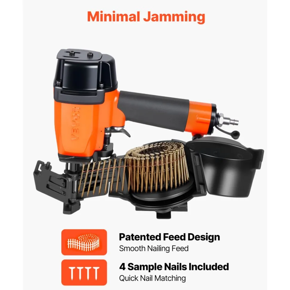 VEVOR Professional Roofing Nailer CN45N, 3/4" to 1-3/4" 15 Degree Air Roofing Nail Gun, 4–5 Nails/S Ultra-Fast Nailing, 70-110 PSI Pneumatic Coil Nailer for Asphalt Shingles, Roof Sheathing