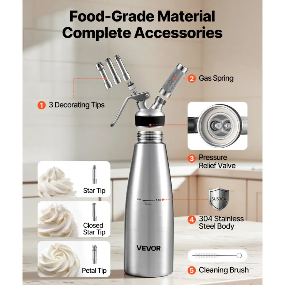 VEVOR Professional 304 Stainless Steel Whipped Cream Dispenser 1000ml, Leak-Free Whipped Cream Maker, Whip Cream Canister with 3 Decorating Nozzles & Cleaning Brush, N₂O Chargers (Not Included)