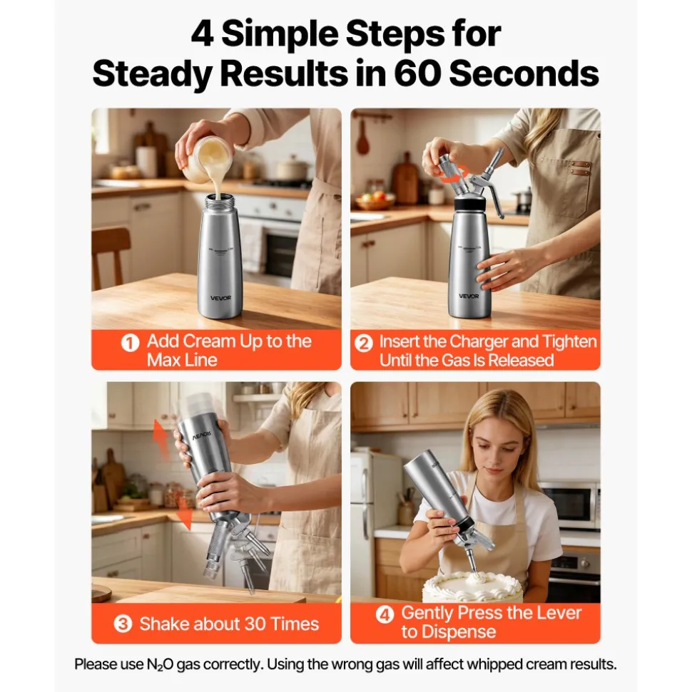 VEVOR Professional 304 Stainless Steel Whipped Cream Dispenser 500ml, Leak-Free Whipped Cream Maker, Whip Cream Canister with 3 Decorating Nozzles & Cleaning Brush, N₂O Chargers (Not Included)