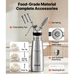 VEVOR Professional 304 Stainless Steel Whipped Cream Dispenser 500ml, Leak-Free Whipped Cream Maker, Whip Cream Canister with 3 Decorating Nozzles & Cleaning Brush, N₂O Chargers (Not Included)