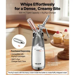 VEVOR Professional 304 Stainless Steel Whipped Cream Dispenser 500ml, Leak-Free Whipped Cream Maker, Whip Cream Canister with 3 Decorating Nozzles & Cleaning Brush, N₂O Chargers (Not Included)