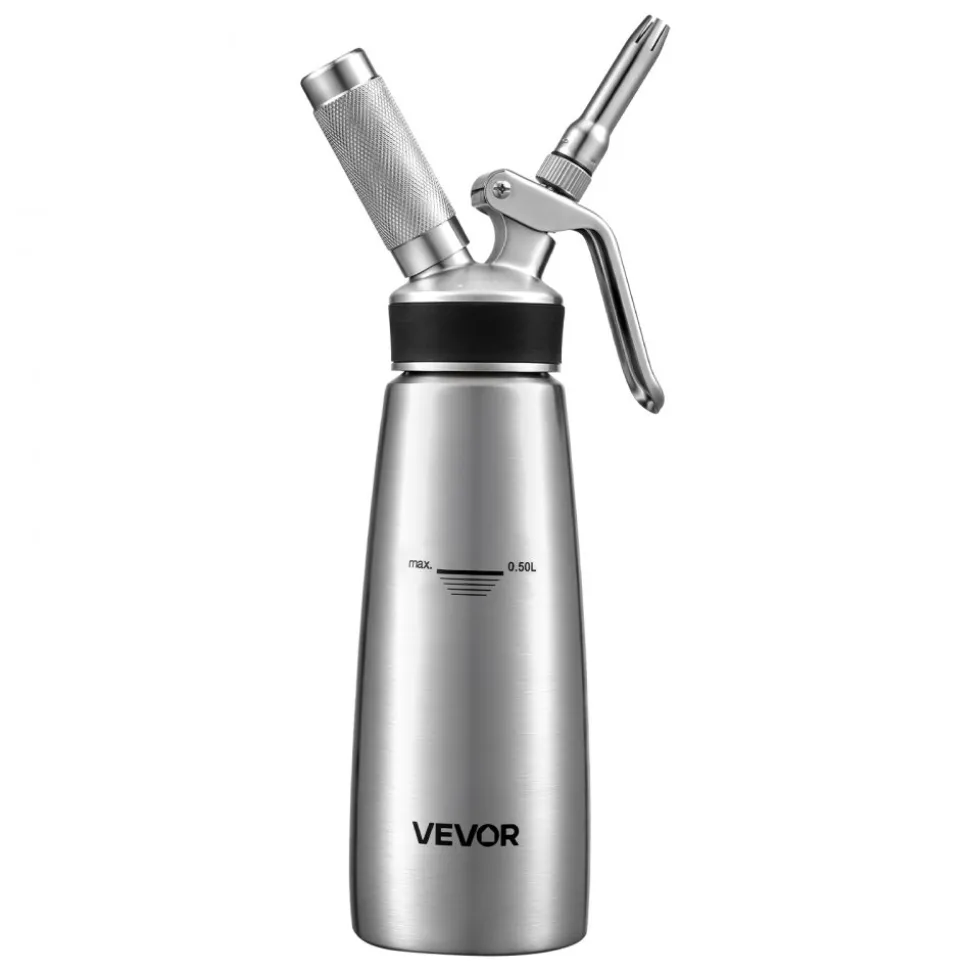 VEVOR Professional 304 Stainless Steel Whipped Cream Dispenser 500ml, Leak-Free Whipped Cream Maker, Whip Cream Canister with 3 Decorating Nozzles & Cleaning Brush, N₂O Chargers (Not Included)