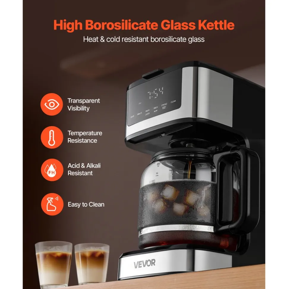 VEVOR Programmable Coffee Maker, 12 Cup Programmable Drip Coffee Makers with Touch Screen, 4-Hour Keep Warm Coffee Makers Drips, 2 Brew Strengths Drip Coffee Machine for Home, 24-Hour Programmable