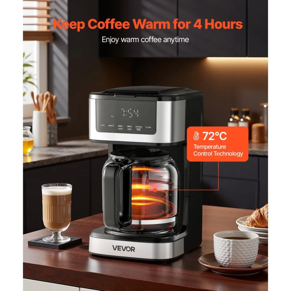 VEVOR Programmable Coffee Maker, 12 Cup Programmable Drip Coffee Makers with Touch Screen, 4-Hour Keep Warm Coffee Makers Drips, 2 Brew Strengths Drip Coffee Machine for Home, 24-Hour Programmable