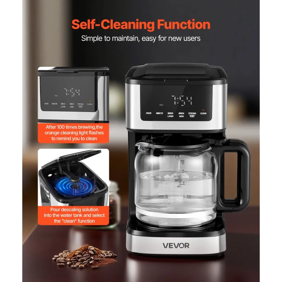 VEVOR Programmable Coffee Maker, 12 Cup Programmable Drip Coffee Makers with Touch Screen, 4-Hour Keep Warm Coffee Makers Drips, 2 Brew Strengths Drip Coffee Machine for Home, 24-Hour Programmable