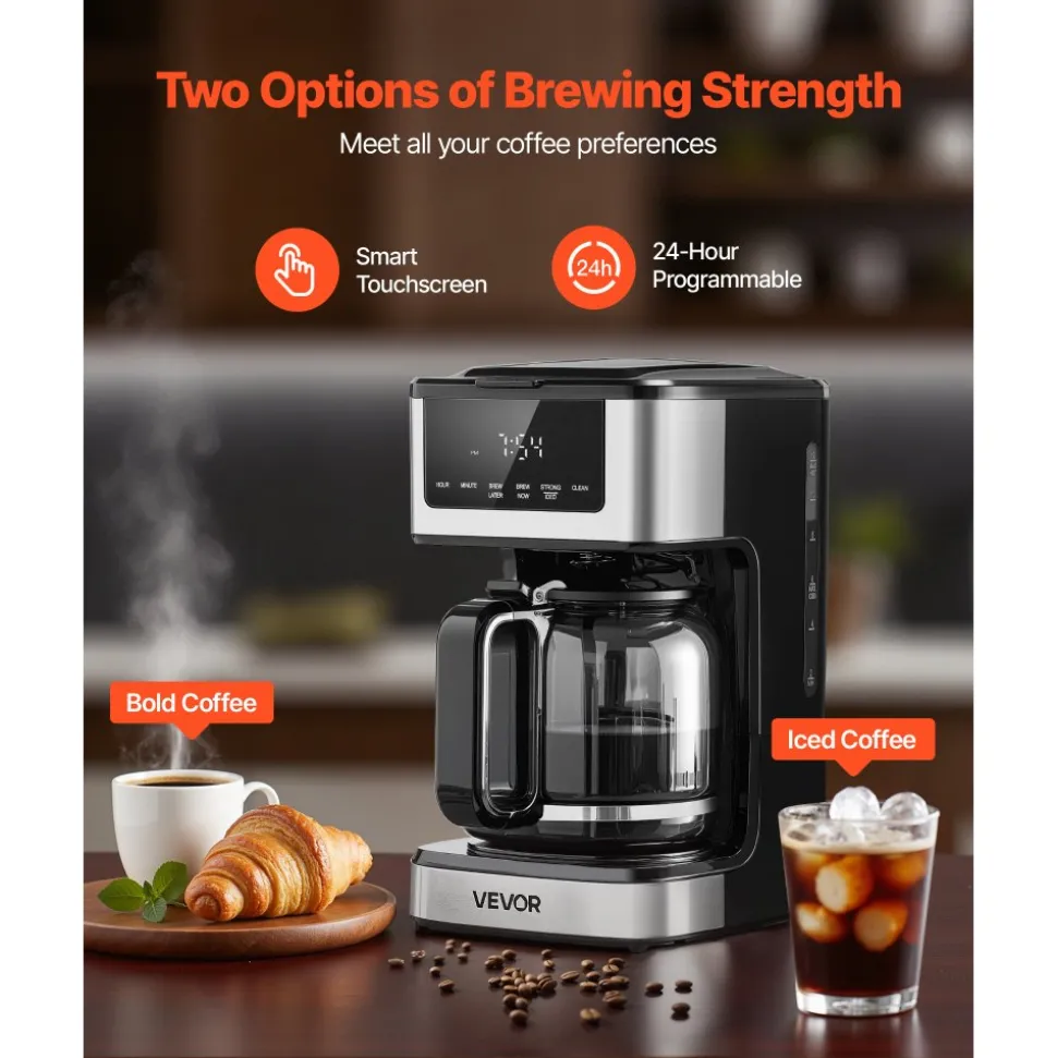 VEVOR Programmable Coffee Maker, 12 Cup Programmable Drip Coffee Makers with Touch Screen, 4-Hour Keep Warm Coffee Makers Drips, 2 Brew Strengths Drip Coffee Machine for Home, 24-Hour Programmable
